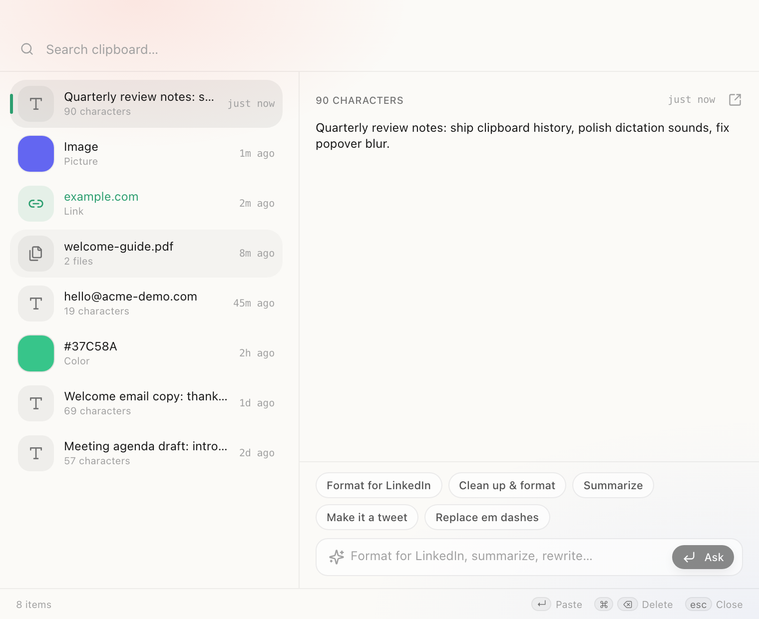 Clipboard history in Routines with custom AI quick actions like format for LinkedIn on Mac