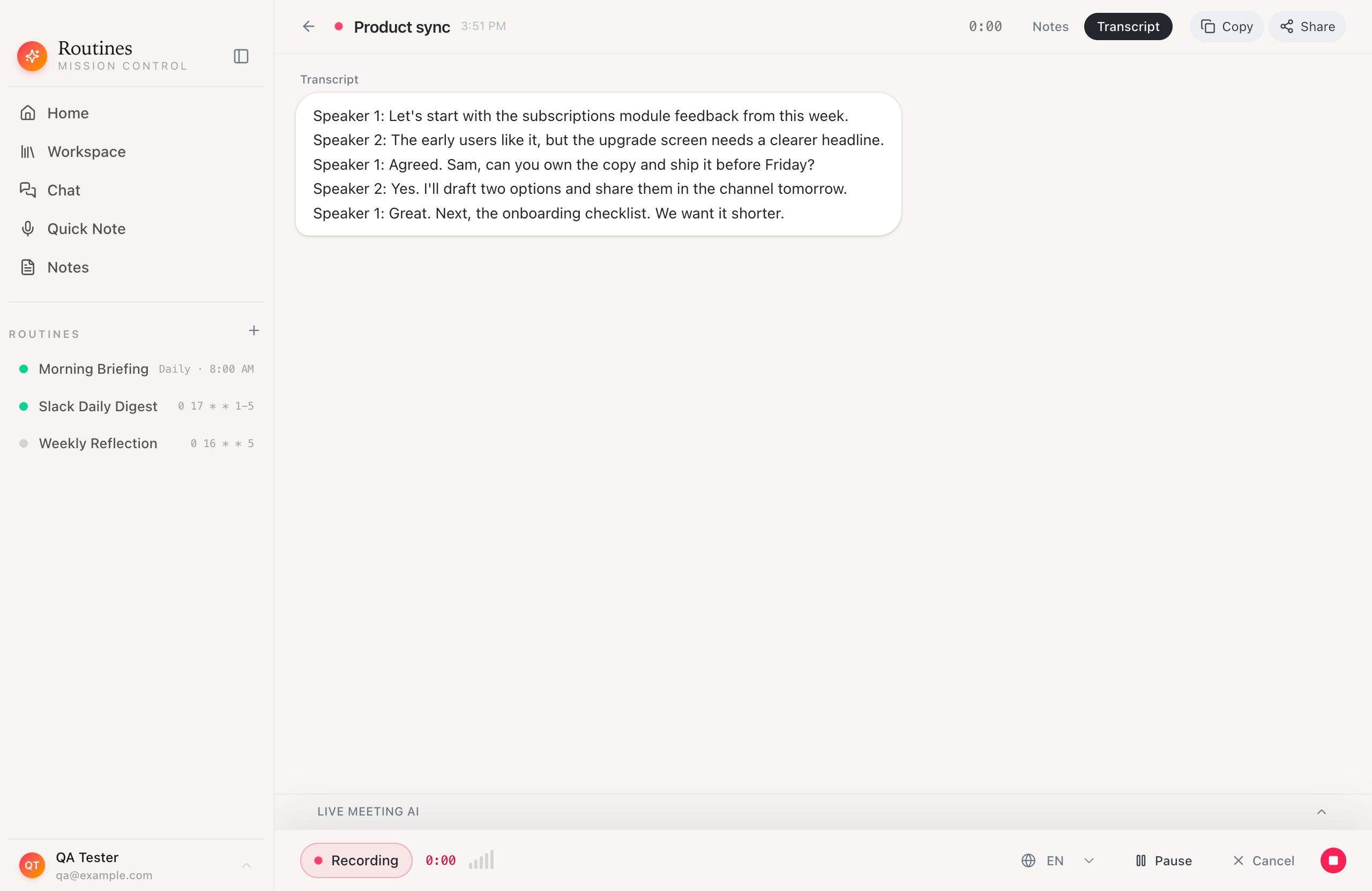 A recorded meeting turned into an AI summary and saved into the company knowledge base