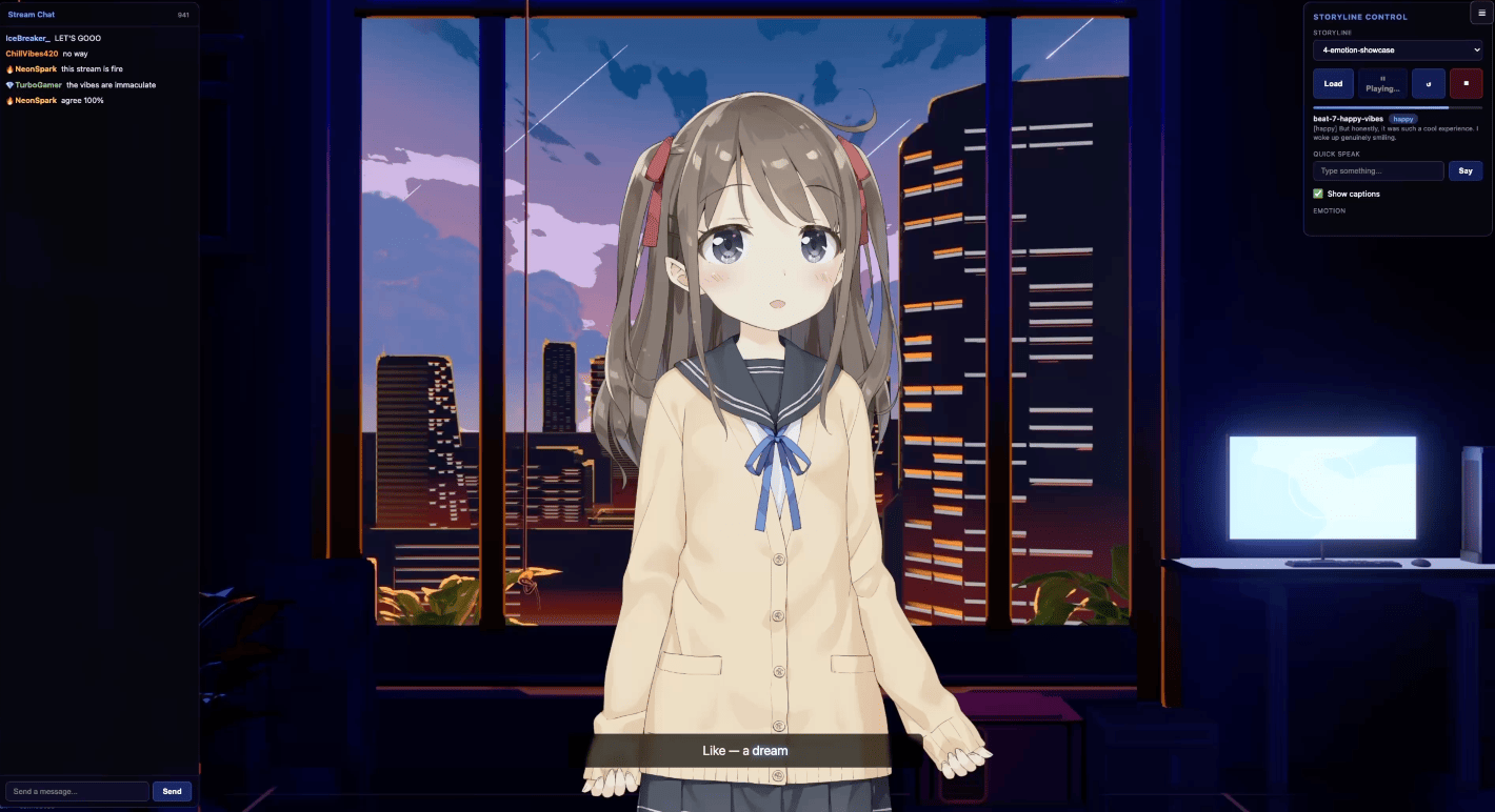 The prototype avatar speaking on stream with live captions and a happy emotion beat