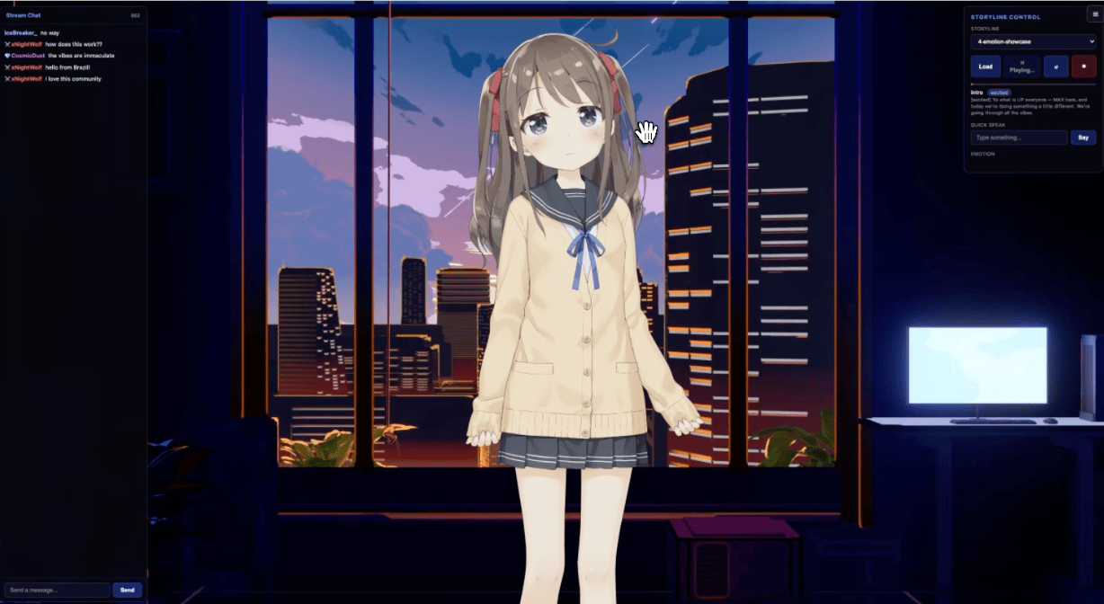 The live stream with viewer chat on the left — read and answered by the agent in real time