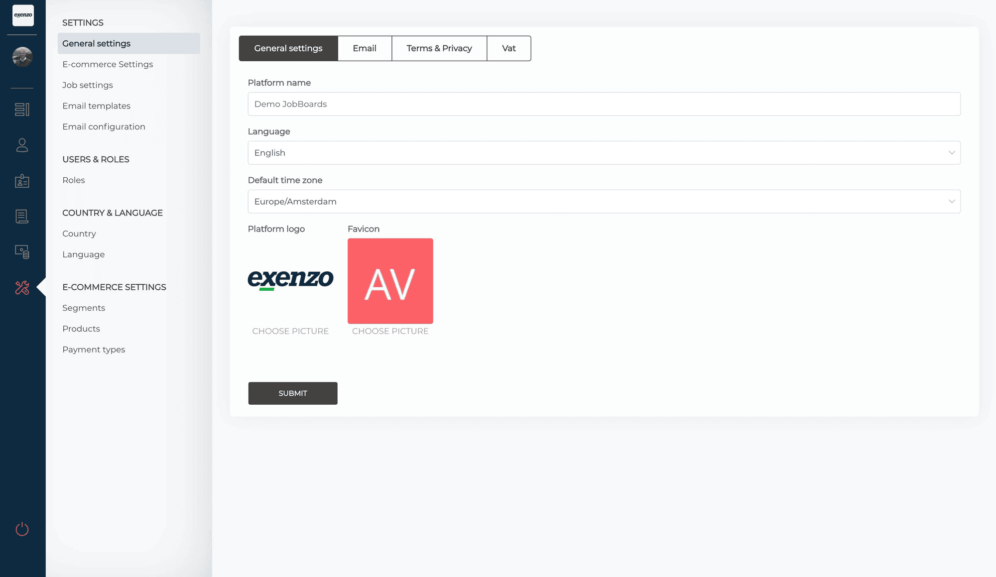 Exenzo admin portal managing tenants and jobs