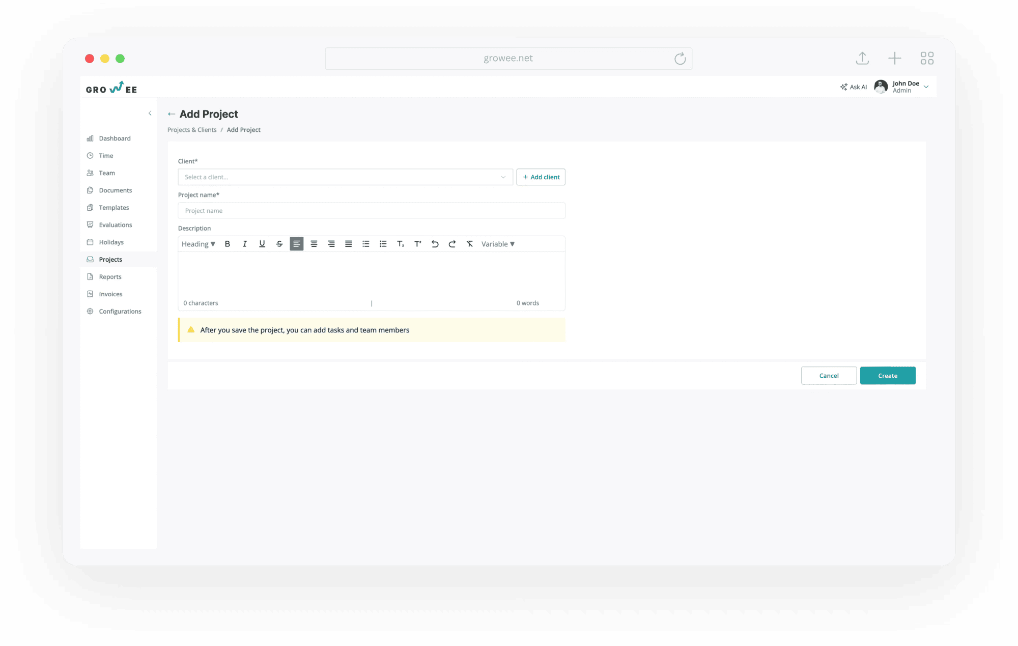 Project management view in Growee