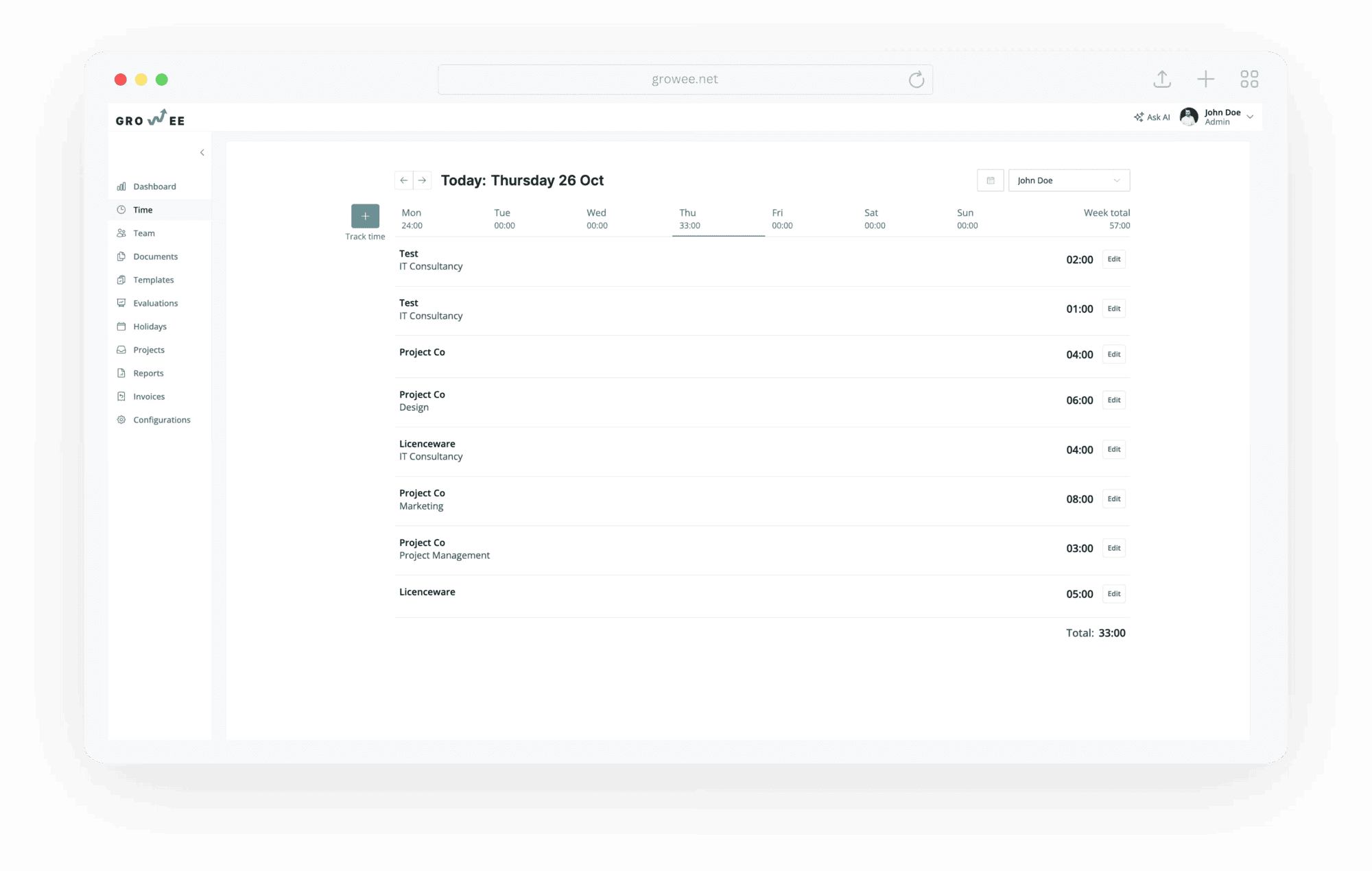 Growee timesheets and self-service
