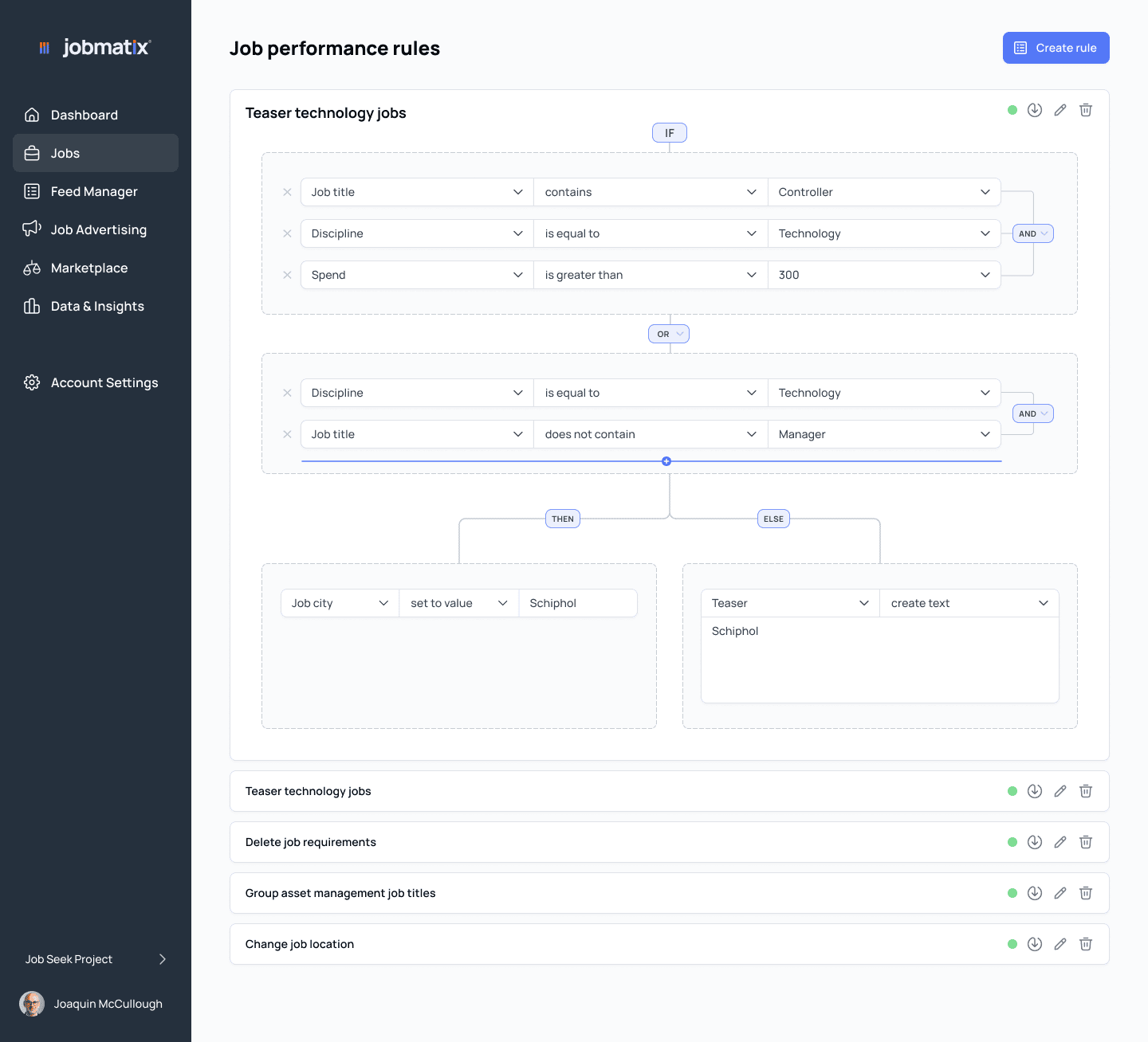 Jobmatix performance rules, filtering and exports