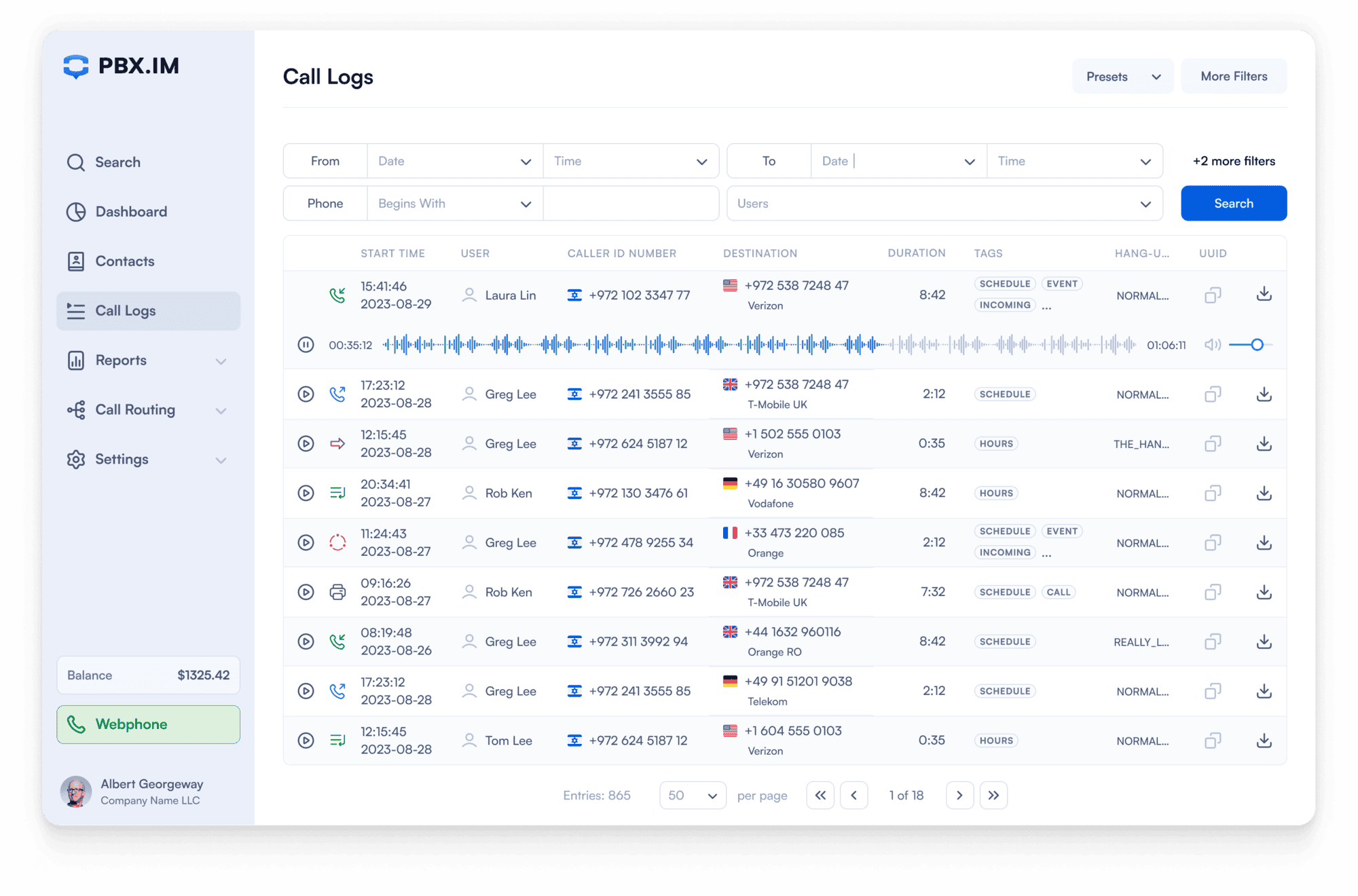 PBX.IM self-service call management