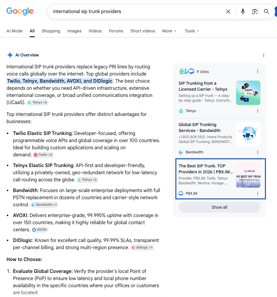 Google AI Overview citing PBX.IM for 'international sip trunk providers'