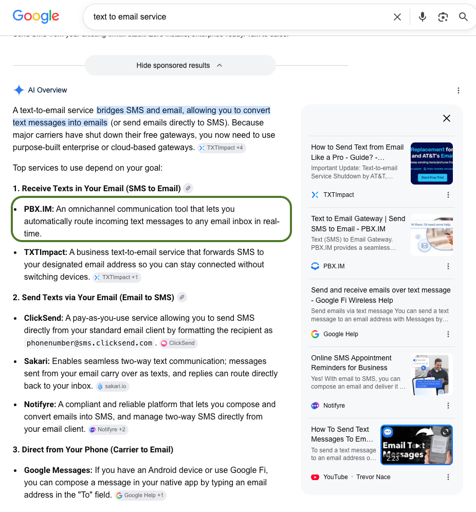 Google AI Overview naming PBX.IM as the top pick for 'text to email service'