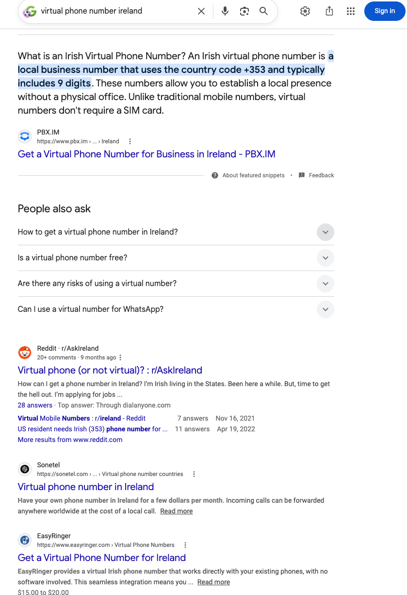 Google AI Overview citing PBX.IM for 'virtual phone number ireland'