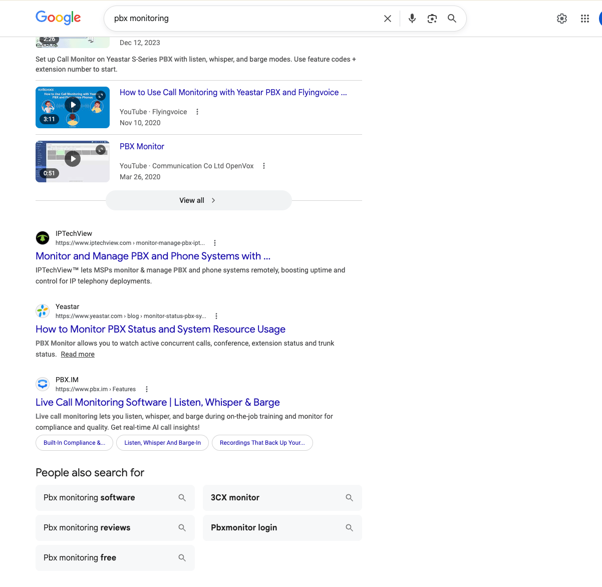 PBX.IM ranking on page one of Google for 'pbx monitoring'