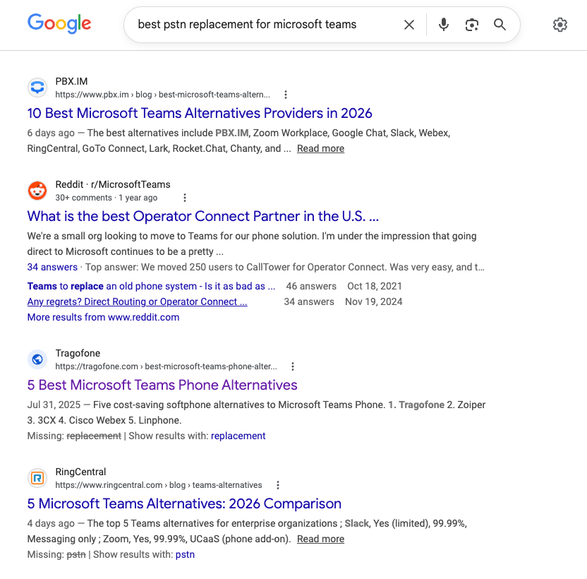 PBX.IM ranking first on Google for 'best pstn replacement for microsoft teams'