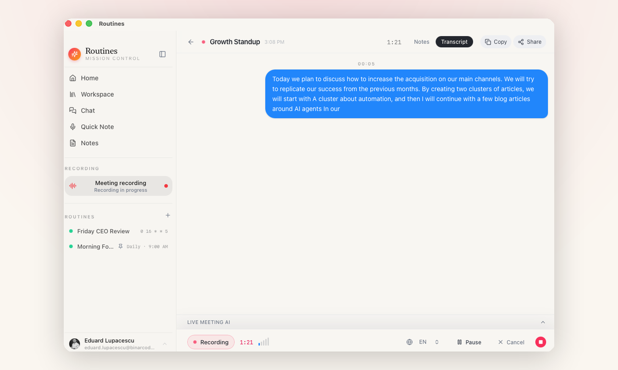 A live meeting being recorded in Routines, with the transcript appearing in real time