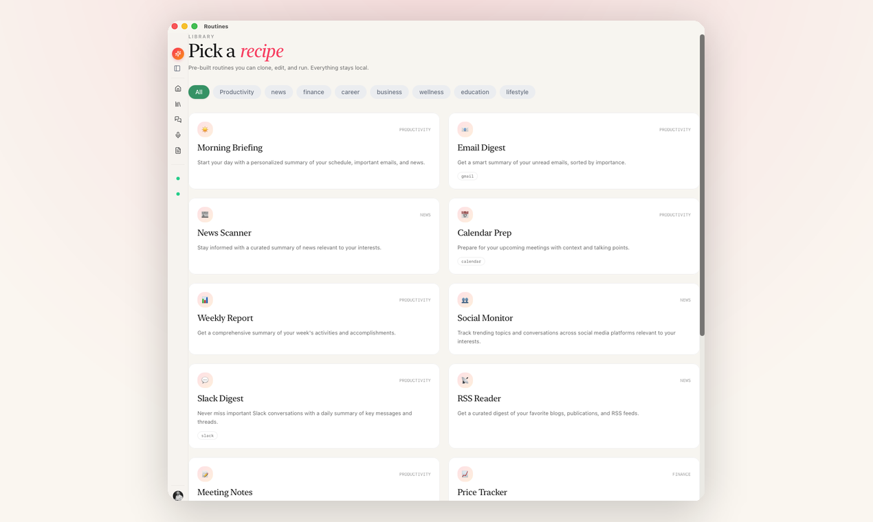 The Routines recipe library with pre-built automations like Morning Briefing, Email Digest, and Calendar Prep