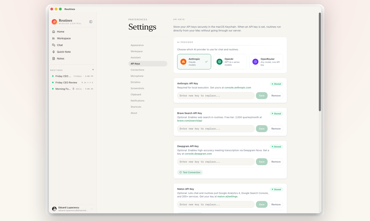 Routines settings screen for API keys, stored in the macOS Keychain, with Anthropic, OpenAI, and OpenRouter providers