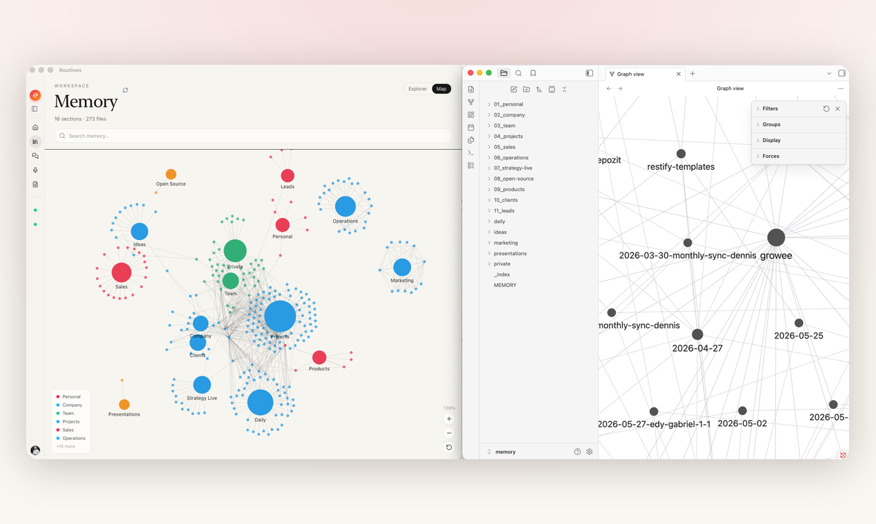 The Routines memory workspace as a folder graph, with the same markdown notes open in another editor