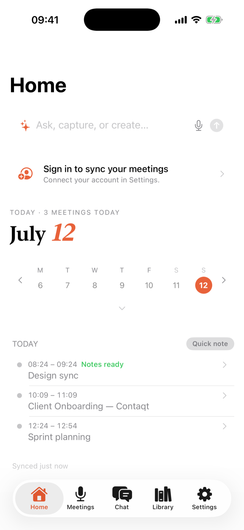 Routines on iPhone: the day's meetings and the ask, capture, or create bar