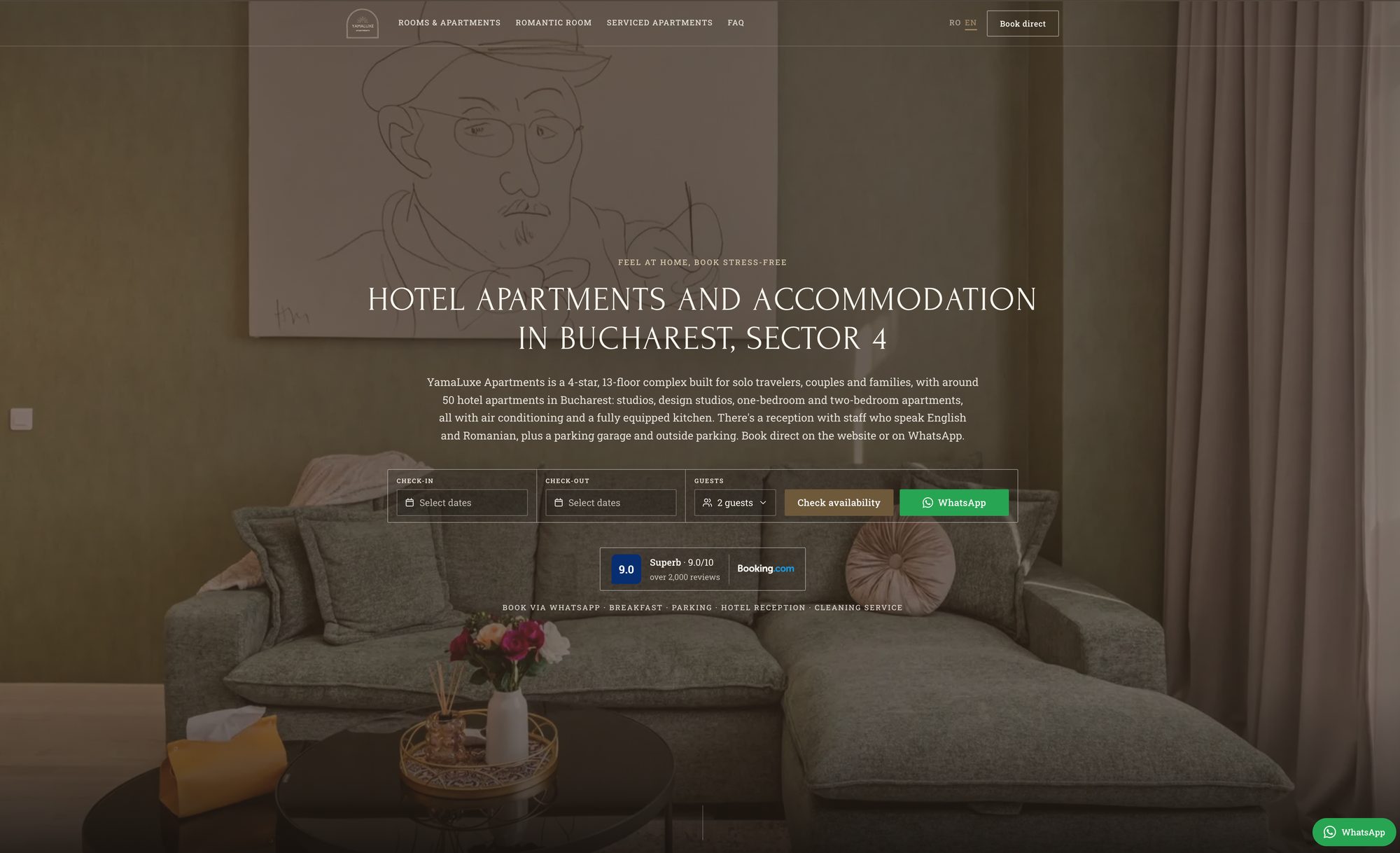 The YamaLuxe Apartments home page with the availability check and Booking.com score