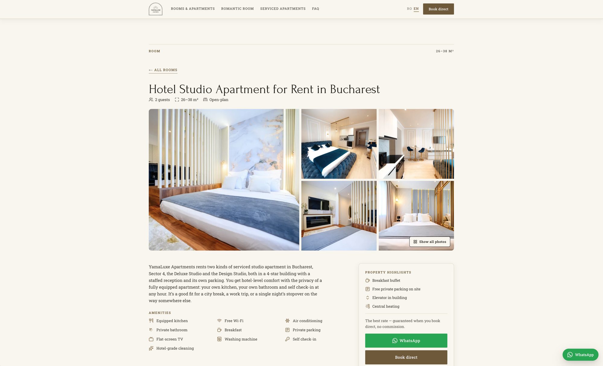 A YamaLuxe Apartments room page with booking options