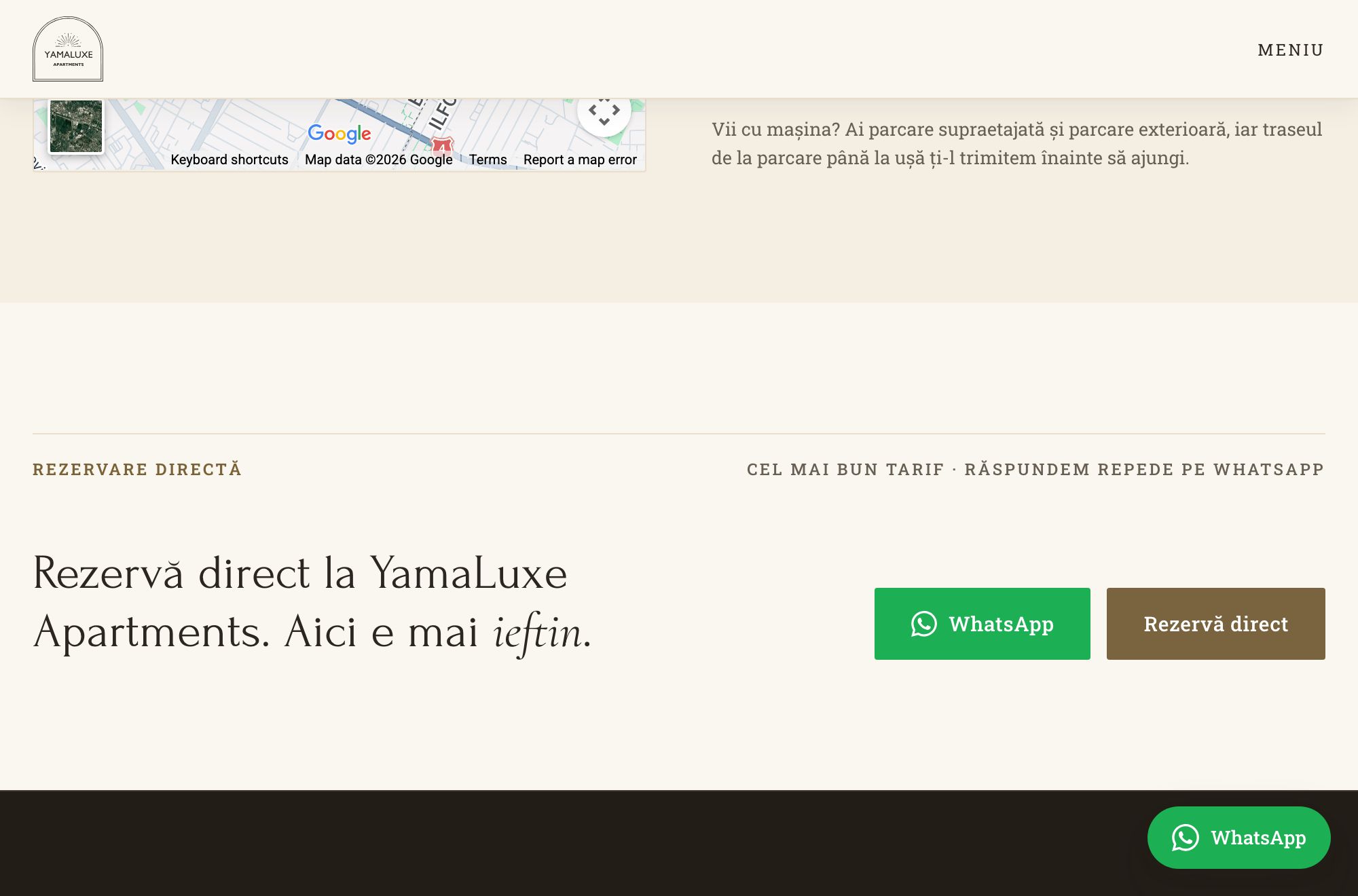 The Romanian home page asking guests to book direct with YamaLuxe Apartments